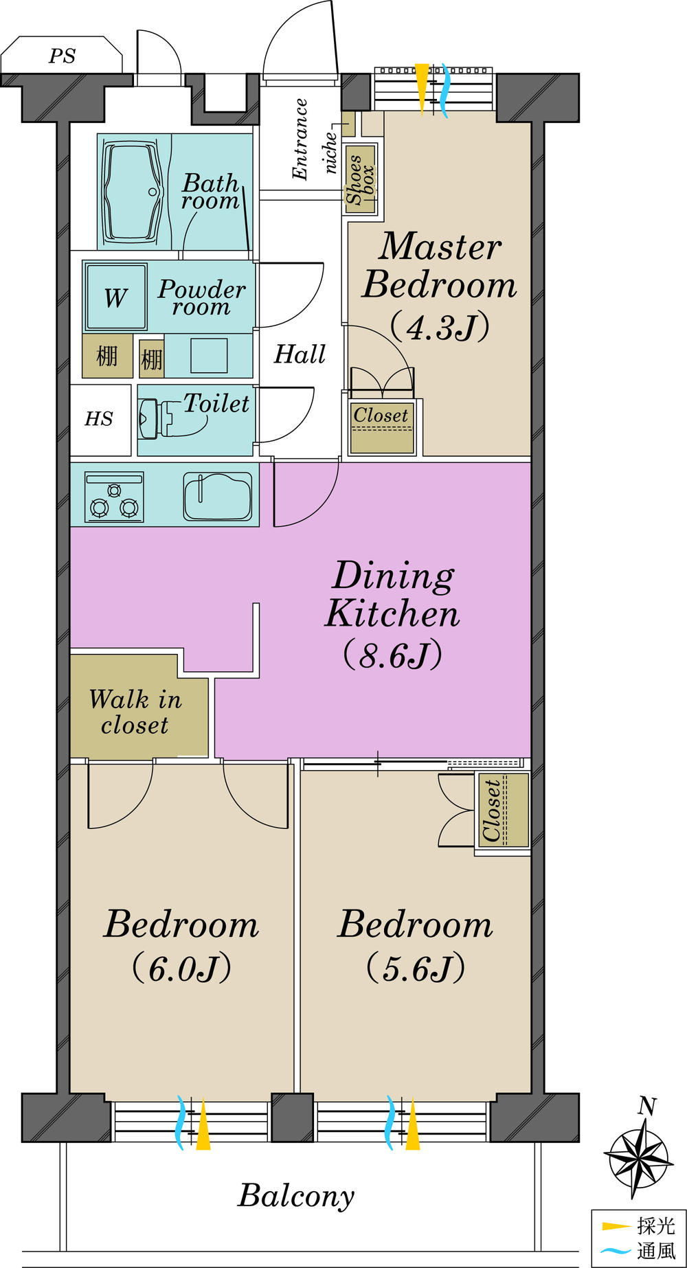 Floor plan. 3DK, Price 26,900,000 yen, Footprint 55 sq m , Balcony area 6.5 sq m