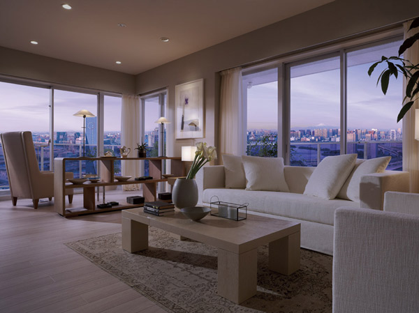 Living.  [S-80M type / 1LDK+DEN+WIC+SIC ・ 84.27 sq m  Living]  ※ Listed above photos model Room (S-80M type) . In fact a somewhat different in that has been subjected to some CG processing. Also, Some optional specifications (paid ・ Including the application deadline Yes).  ※ View photo of the web is, Which was subjected to a CG processing to those taken from a height of about 110m of the building from the local distance of about 280m (10 May 2012), Slightly different from the actual view.  ※ The view, It is not intended to be guaranteed over future.