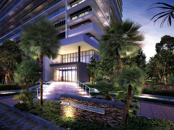 Features of the building.  [entrance] Without close without too much open to the outside world. To main entrance, We created the exquisite relationship with the public in the production across the bridge of natural stone over the sparkling Seascapes. (Entrance Rendering)