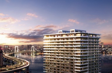 Rising sun while dyed orange on the water of the Tokyo Bay, Sunset over the far destination of urban landscape began to sparkle ..., Will ever turn now view is brings a time of elegance to everyday (view photographs taken from the height of the local vicinity of the 33-floor equivalent (October 2012 shooting), Combining the appearance Rendering, In fact a slightly different)