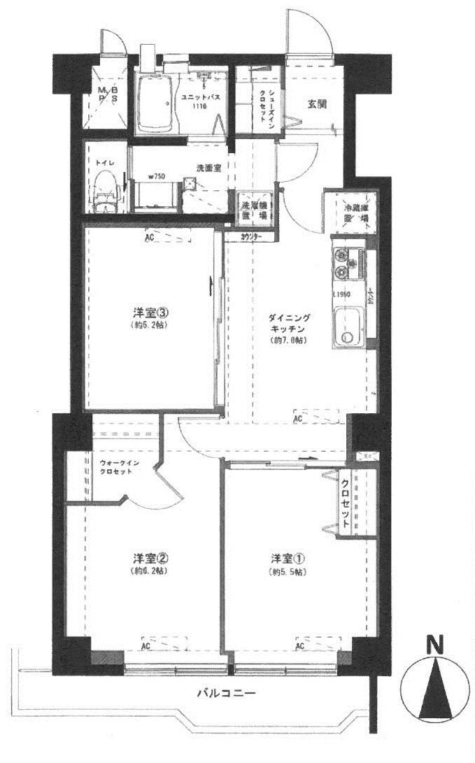 Floor plan. 3DK, Price 22,900,000 yen, Footprint 58.3 sq m , Balcony area 6.44 sq m