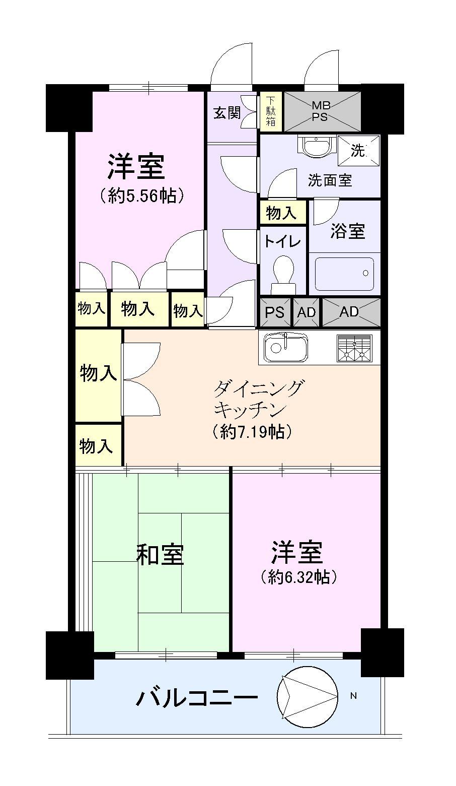 Floor plan. 3DK, Price 18 million yen, Occupied area 61.48 sq m , Balcony area 8.7 sq m