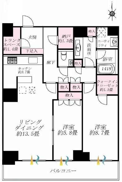 Floor plan. 2LDK, Price 51,500,000 yen, Occupied area 85.72 sq m , Balcony area 13 sq m