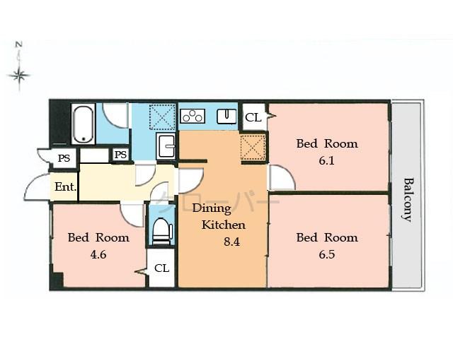 Floor plan. 3DK, Price 20.8 million yen, Footprint 56 sq m , Balcony area 6.97 sq m