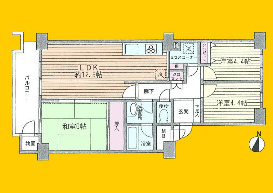 Floor plan. 3LDK, Price 22,800,000 yen, Occupied area 66.16 sq m , Balcony area 7.3 sq m