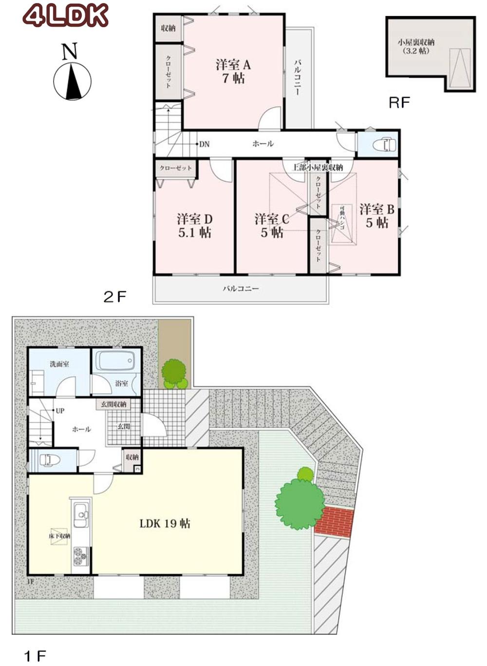 Floor plan. (Building 2), Price 51,800,000 yen, 4LDK, Land area 125.85 sq m , Building area 119.13 sq m