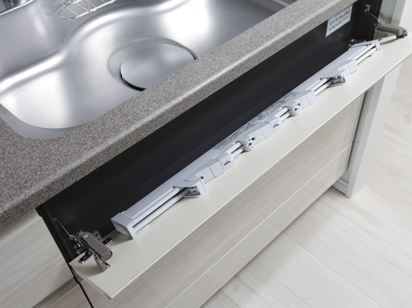 Kitchen.  [Door pocket storage] Door pocket storage utilizing the thickness of the door. Handy for storage, such as a kitchen knife.