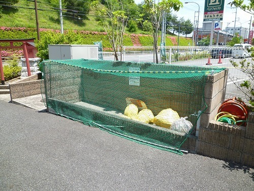 Building appearance. Garbage is yard