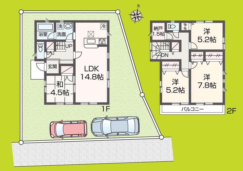 Floor plan. (Building 2), Price 38,800,000 yen, 4LDK+S, Land area 134.64 sq m , Building area 95.98 sq m