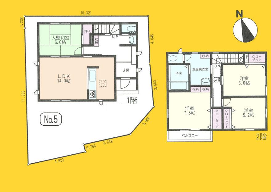 Floor plan. (No.5), Price 39,800,000 yen, 4LDK, Land area 114.41 sq m , Building area 101.02 sq m