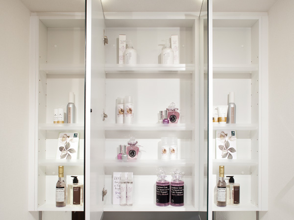 Bathing-wash room. Three-sided mirror back storage