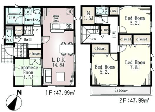 Floor plan. (Building 2), Price 38,800,000 yen, 4LDK+S, Land area 134.64 sq m , Building area 95.98 sq m