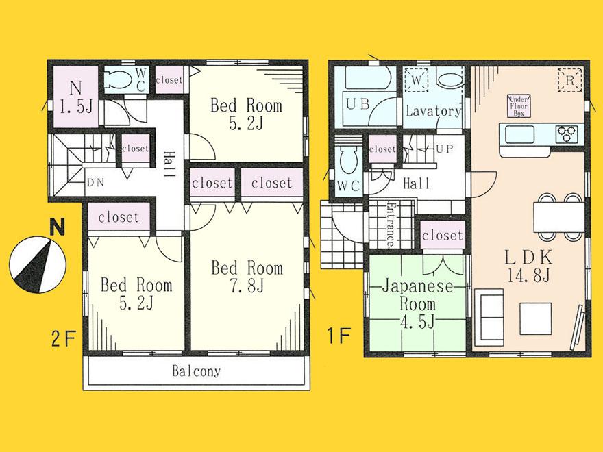 Floor plan. (Building 2), Price 36,800,000 yen, 4LDK+S, Land area 134.64 sq m , Building area 95.98 sq m