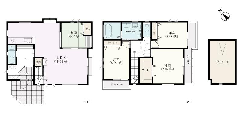 Floor plan. 36,800,000 yen, 4LDK, Land area 173.65 sq m , Building area 104.04 sq m floor plan: housework conductors thought wife eyes, Living in a staircase is a partition in consideration of the heating and cooling efficiency, Spacious entrance hall