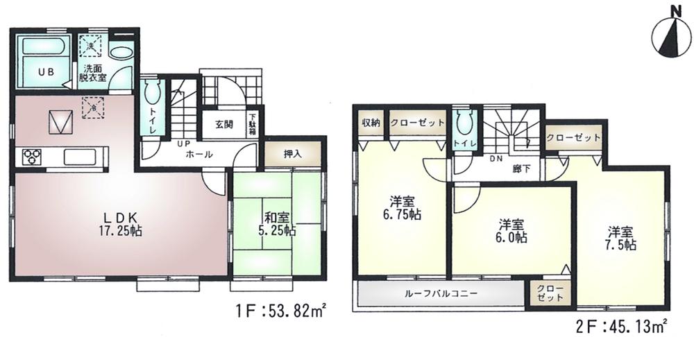 Floor plan. (1 Building ・ Corner lot), Price 44,800,000 yen, 4LDK, Land area 134.63 sq m , Building area 98.95 sq m