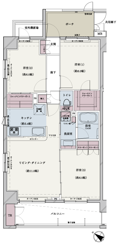 Floor: 3LDK + 2WIC + TR, the occupied area: 72.28 sq m
