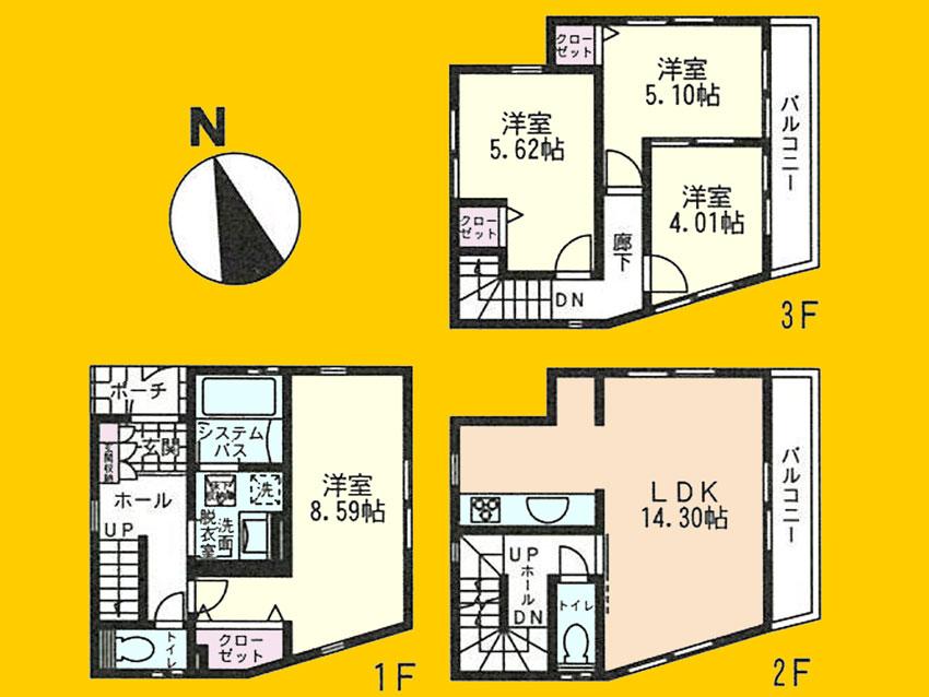Floor plan. (1 Building), Price 35,800,000 yen, 4LDK, Land area 62.28 sq m , Building area 93.15 sq m