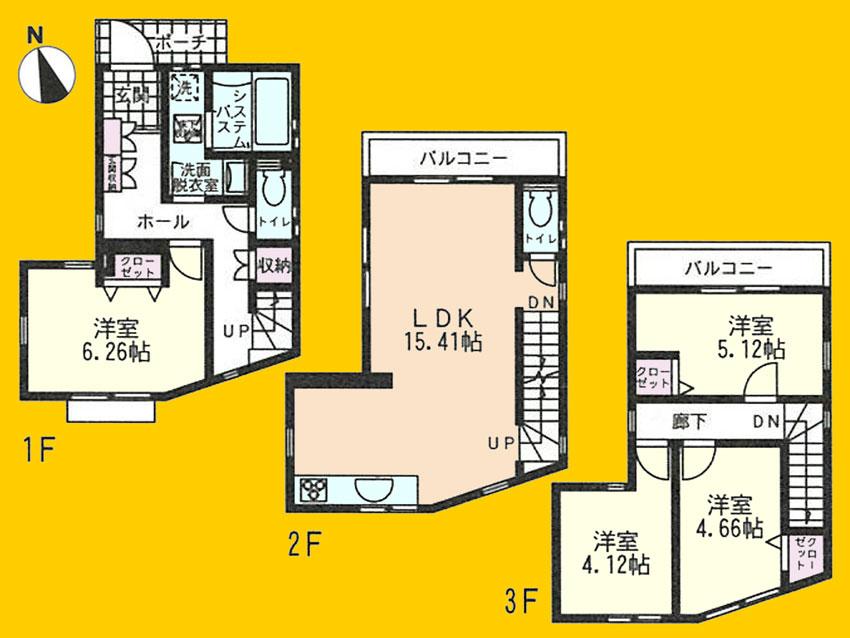 Floor plan. (Building 2), Price 34,800,000 yen, 4LDK, Land area 62.28 sq m , Building area 93.15 sq m