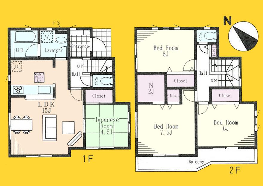 Floor plan. (Building 2), Price 35,800,000 yen, 4LDK, Land area 121.23 sq m , Building area 93.15 sq m