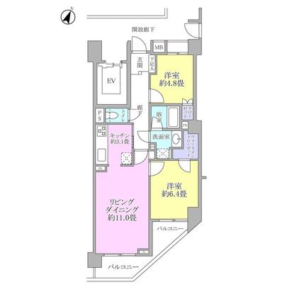 Floor plan. 2LD ・ K type. Day view is good for the 6th floor of the southeast corner room. The main sleeping