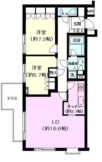Floor plan. 2LDK, Price 69,900,000 yen, Footprint 78.3 sq m , Balcony area 7.7 sq m