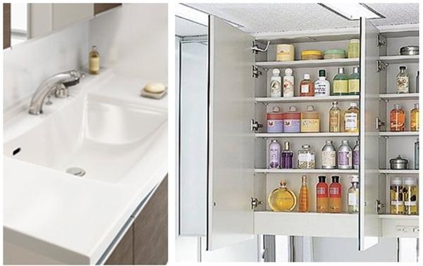 Other Equipment. Upscale all-plated faucet, Kagamiura with storage three-sided mirror of sharp form, We are pursuing the functionality and design, such as artificial marble bowl integrated counter.