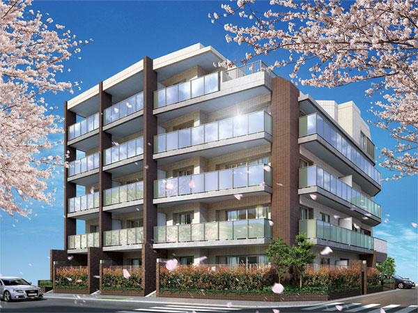 Buildings and facilities. Appearance is low-rise five-storey, Slowly wearing angle, Calm form. Two-tone and the base of white and dark brown tiles were aware of the trees of cherry blossoms. Tapestry-style glass, which was adopted in the balcony, We have made a sharp impression in the spacious look. (Exterior view)