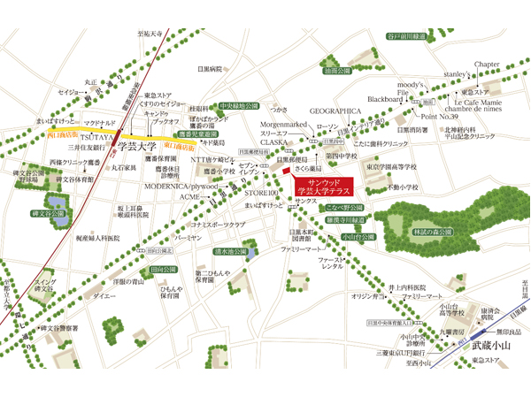 Surrounding environment. Tokyu Toyoko Line the "liberal arts college" station while the nearest, It was obtained Meguro address of longing <Sunwood Gakugeidaigaku terrace>. (Local guide map)