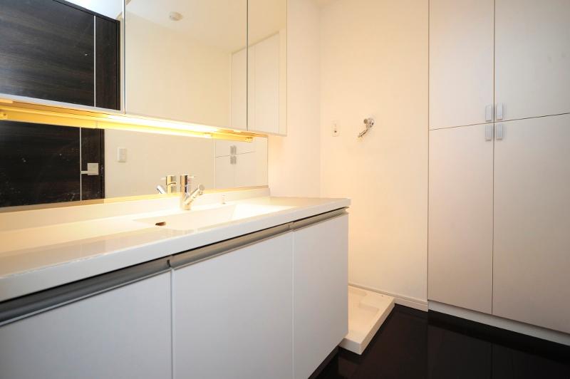 Wash basin, toilet. Abundant storage, And a clean washroom.