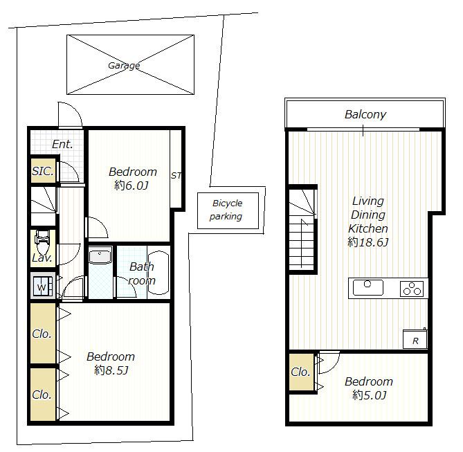 Compartment view + building plan example. Building plan example (B compartment) 3LDK, Land price 55 million yen, Land area 76.33 sq m , Building price 14.8 million yen, Building area 85.45 sq m