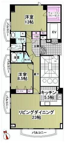 Floor plan. 2LDK, Price 108 million yen, Footprint 129.59 sq m , Balcony area 15.9 sq m