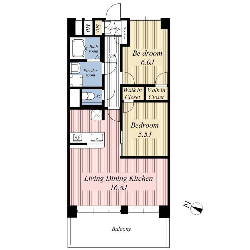 Floor plan. 2LDK, Price 39,800,000 yen, Occupied area 64.07 sq m , Balcony area 11.89 sq m