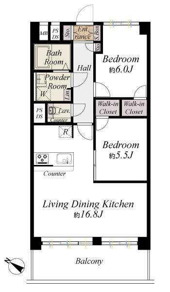 Floor plan. 2LDK, Price 39,800,000 yen, Occupied area 64.07 sq m , Balcony area 11.89 sq m