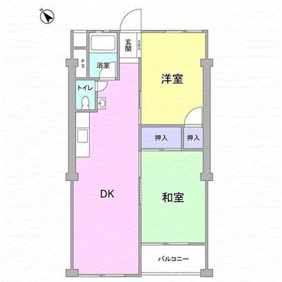 Floor plan. South-facing balcony, Is 2DK.