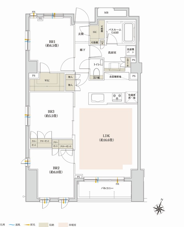H type ・ 3LDK+WIC+SIC Occupied area / 75.93 sq m Balcony area / 5.20 sq m WIC = walk-in closet, SIC = shoes in cloak