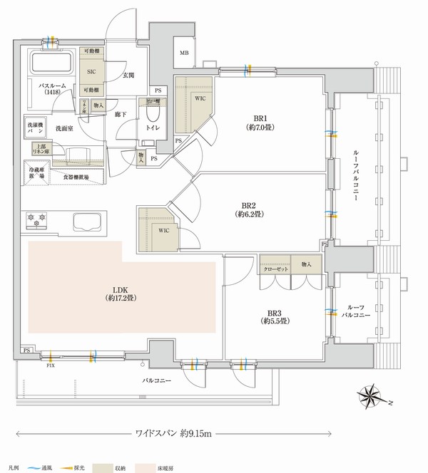 O type ・ 3LDK+2WIC+SIC Occupied area / 80.79 sq m Balcony area / 9.16 sq m Roof balcony area / 10.77 sq m