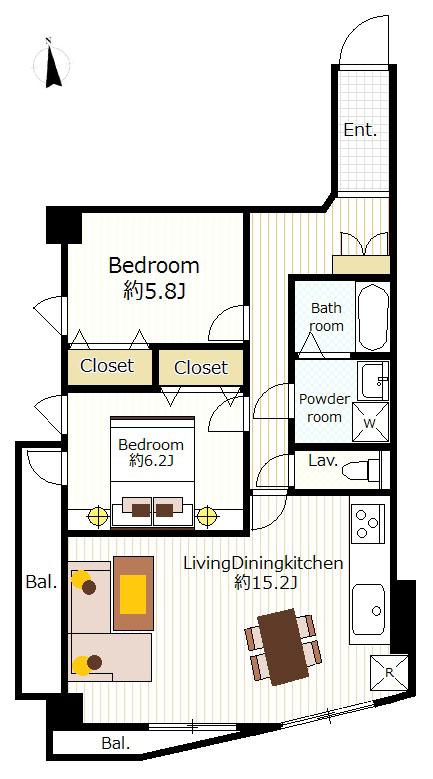 Floor plan. 2LDK, Price 42,800,000 yen, Occupied area 62.89 sq m , Balcony area 6.75 sq m