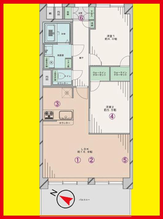 Floor plan. 2LDK, Price 39,800,000 yen, Occupied area 64.07 sq m , Balcony area 11.89 sq m