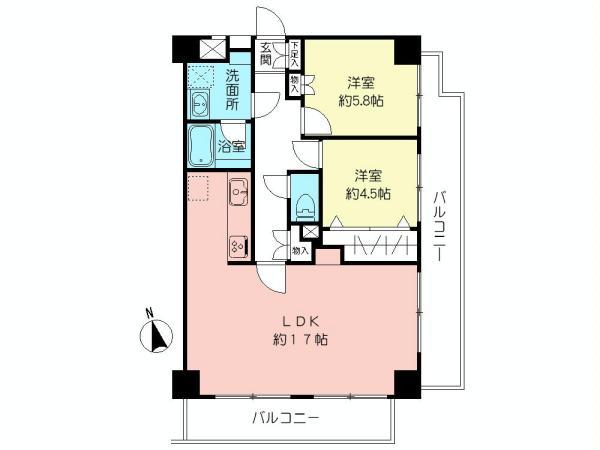 Floor plan. 2LDK, Price 42,800,000 yen, Footprint 63.7 sq m , Balcony area 17 sq m
