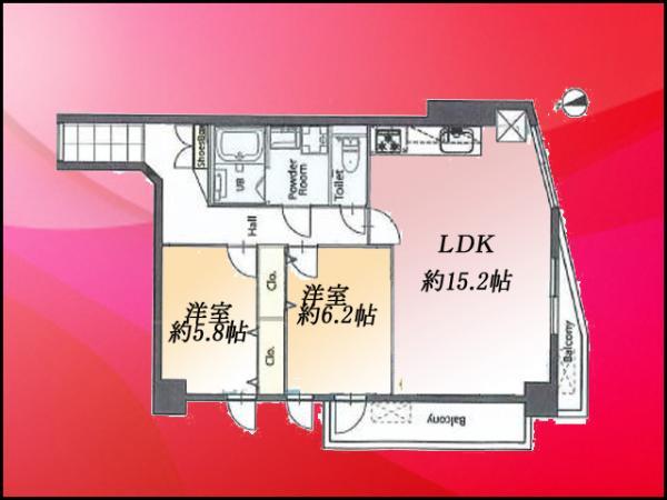 Floor plan. 2LDK, Price 40,900,000 yen, Occupied area 62.89 sq m , Balcony area 6.75 sq m