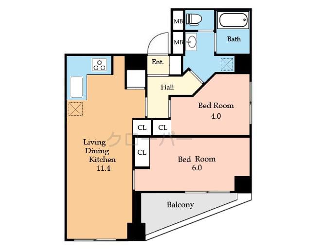 Floor plan. 2LDK, Price 28.5 million yen, Footprint 44.6 sq m , Balcony area 14.37 sq m