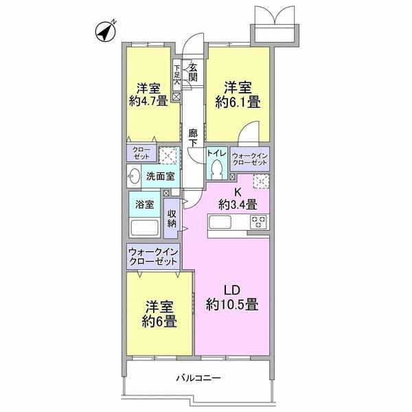 Floor plan. 3LDK, Price 53,900,000 yen, Footprint 70.5 sq m , Balcony area 9.63 sq m