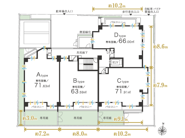 Shared facilities.  [South ・ Enhanced the corner dwelling unit rate, Open land plan] Taking advantage of the site of about 650 sq m, which extends to the east and west to the fullest, By providing a shared facility on the site north, South-facing & corner dwelling unit rate of 77 percent more than open-minded planning plans. Also, The main opening surface of each dwelling unit may ensure the extent of greater than about 7m. Also conscious part in Tonarito the distance between the front of the site. (Site layout drawing ・ Each floor plane (2 ~ 4th floor) Illustration)
