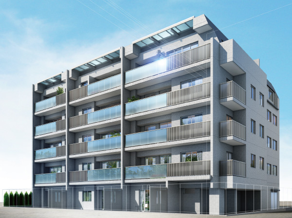 Buildings and facilities. The design of Marion, which were projected along the uneven feeling some tiles and Tosakai of each dwelling unit, It was realized the facade shade of light shine. Also, Balcony Align the glass handrail and grating handrail on the same line design. It expressed the sophisticated building providing the eaves of the glass to draw a stylish impression at the top. (Exterior view)