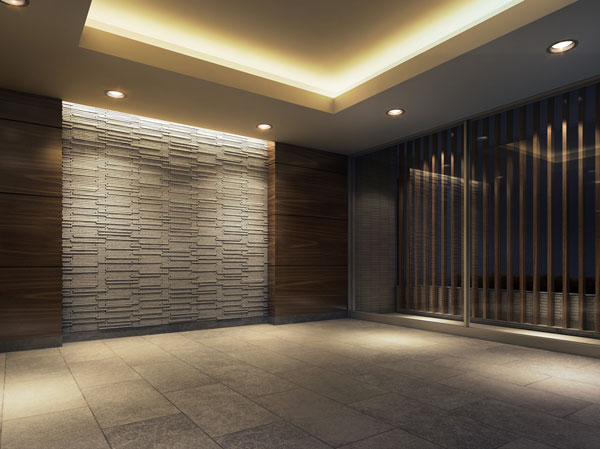 Buildings and facilities. Entrance is, Express the design of Mongamae in Sulfur butterfly louver and natural stone reminiscent of the grille. In the entrance hall, Installing a light wall that has the accent wall and Japanese paper of expression which treated the border tile. The soft light from the lattice walls and Oriage ceilings sense of quality, It invites gently to the private residence. (Entrance Hall Rendering)