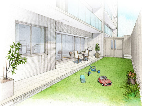 Room and equipment. Taking advantage of the site of about 650 sq m, which extends to the east and west to the fullest, By providing a shared facility on the site north, South-facing & corner dwelling unit rate of 77 percent more than open-minded planning plans. Also, The main opening surface of each dwelling unit may ensure the extent of greater than about 7m. Also conscious part in Tonarito the distance between the front of the site. (B type / Private garden Rendering Illustration)