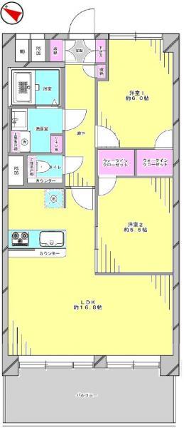 Floor plan. 2LDK, Price 39,800,000 yen, Occupied area 64.07 sq m , Balcony area 11.89 sq m