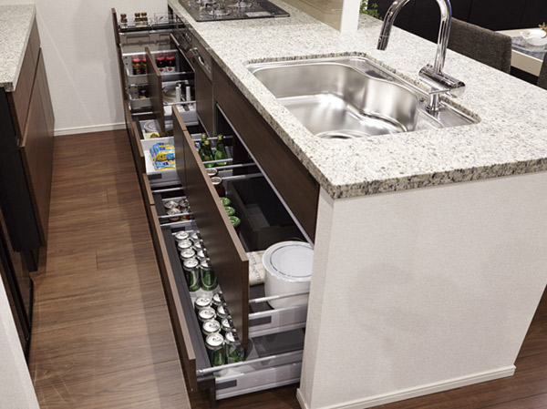 Kitchen.  [All slide storage] The back of the thing and large cookware also taken out smoothly, Adopted sister easy to slide storage.