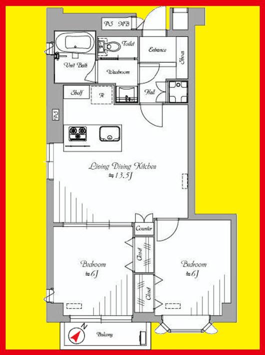 Floor plan. 2LDK, Price 41,800,000 yen, Footprint 58.7 sq m , Balcony area 3 sq m