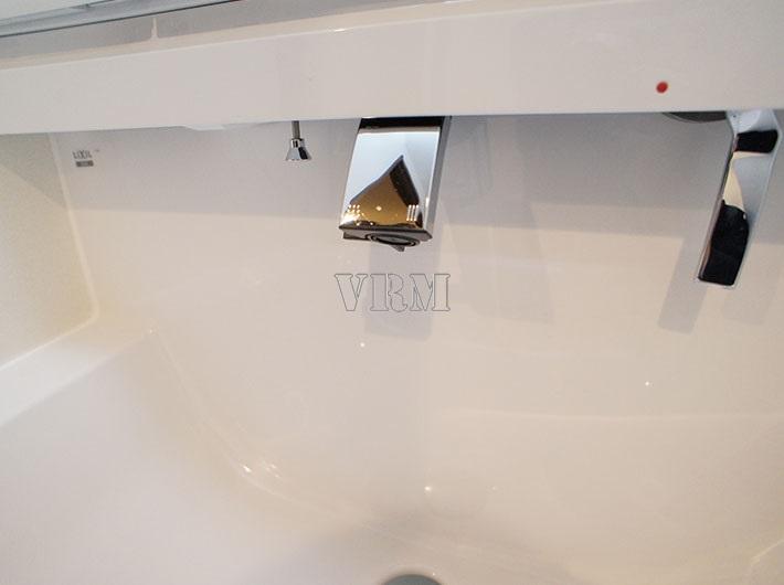 Wash basin, toilet. Vanity with a shower head